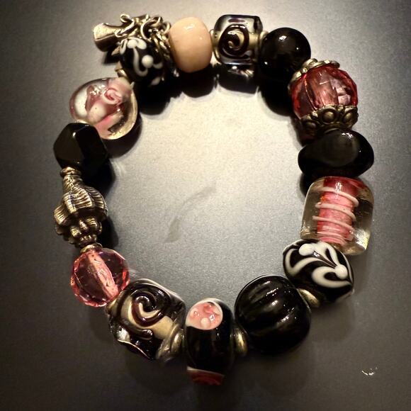 4 for $20 Sale Pink & Black Glass Bead Charm Breast Cancer Stretch Bracelet - Picture 4 of 6